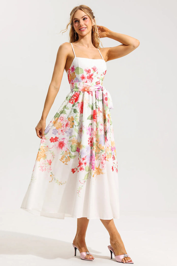 Floral Sleeveless Midi Dress With Belt