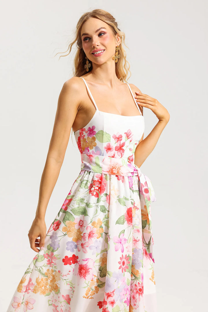 Floral Sleeveless Midi Dress With Belt