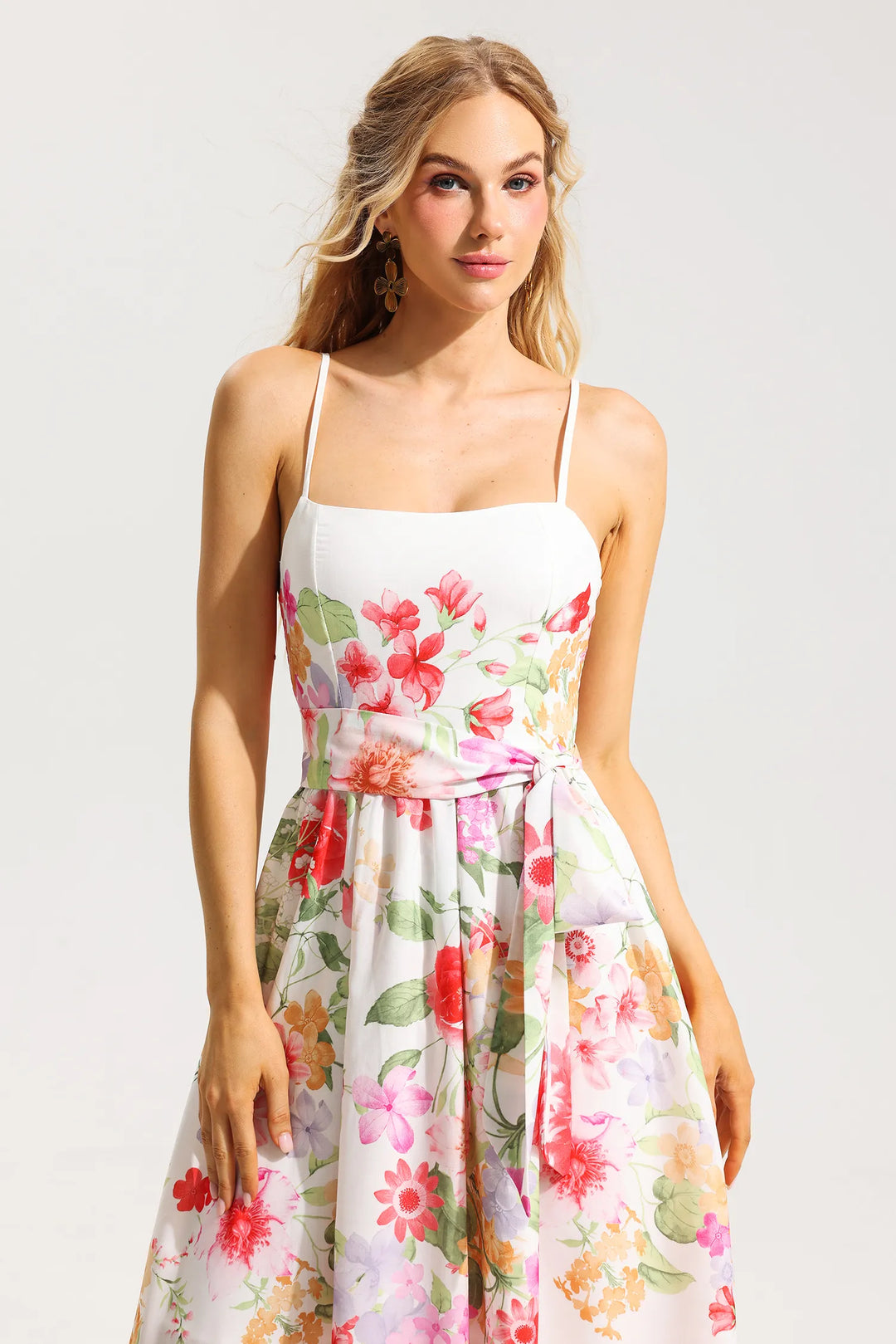 Floral Sleeveless Midi Dress With Belt