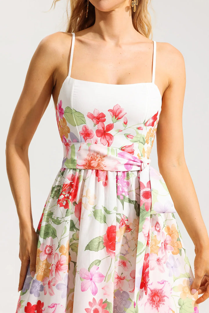 Floral Sleeveless Midi Dress With Belt