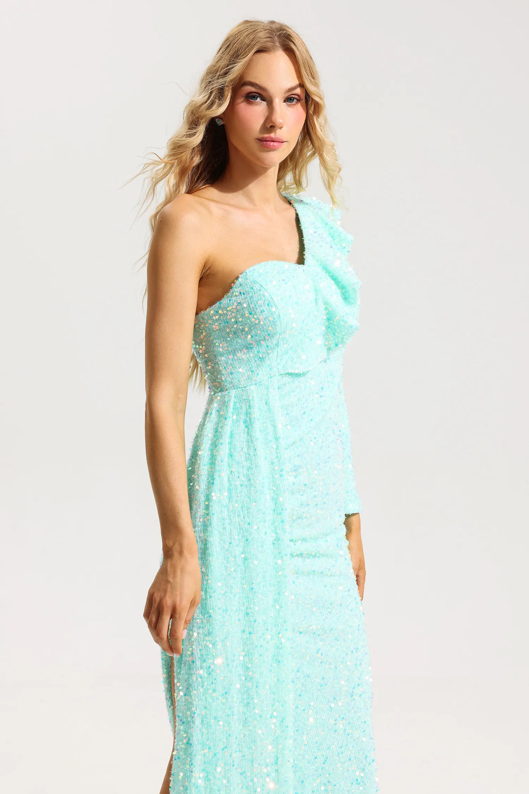 Sequin One-Shoulder Split Maxi Dress