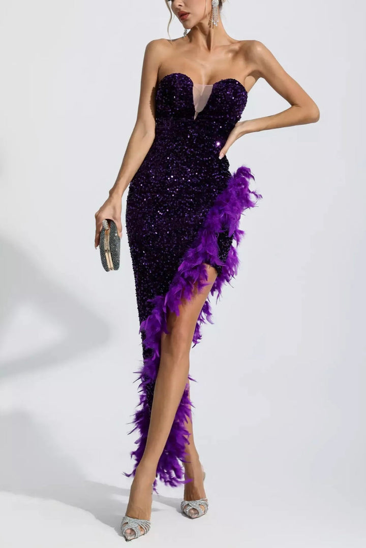 Kira Purple Sequin Feather Dress