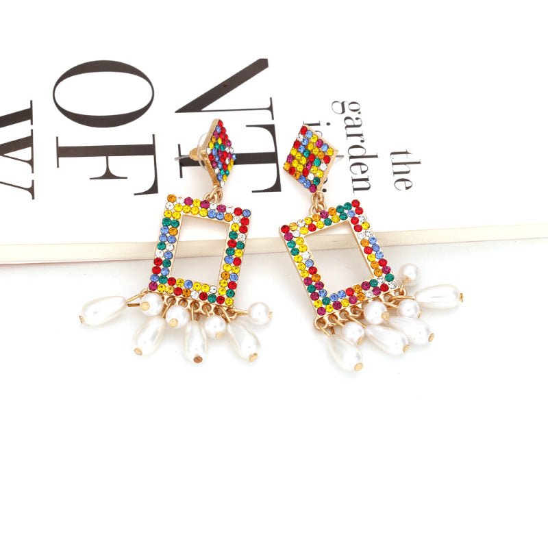 Pearl Fringed Geometric Earrings