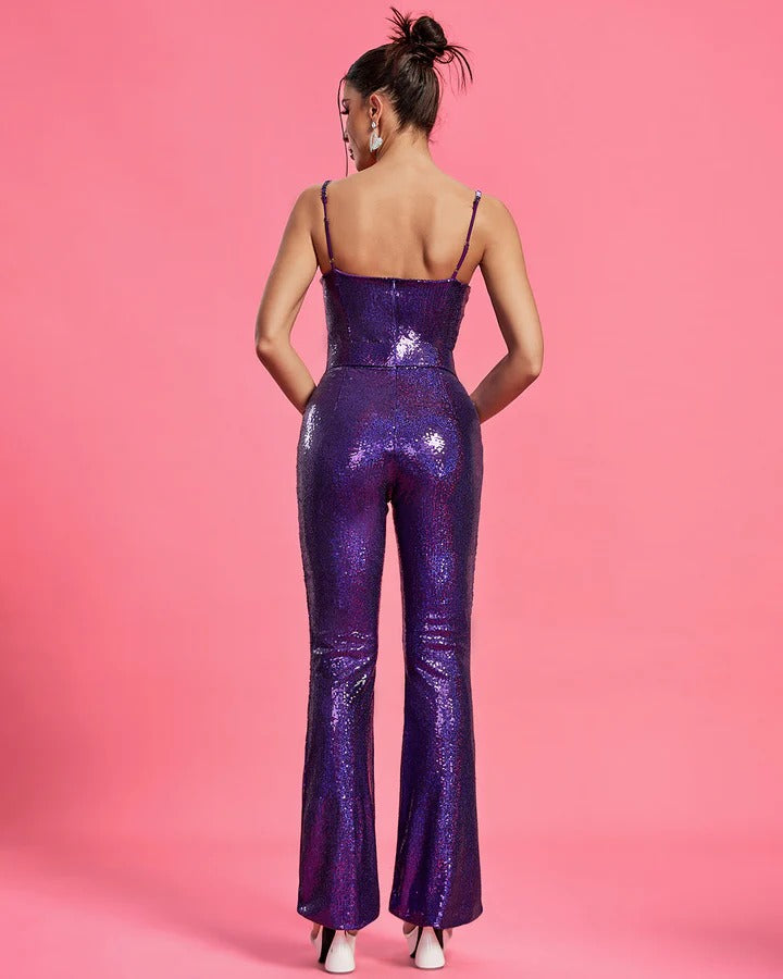 Stylish Purple Suspender Sequined Jumpsuit