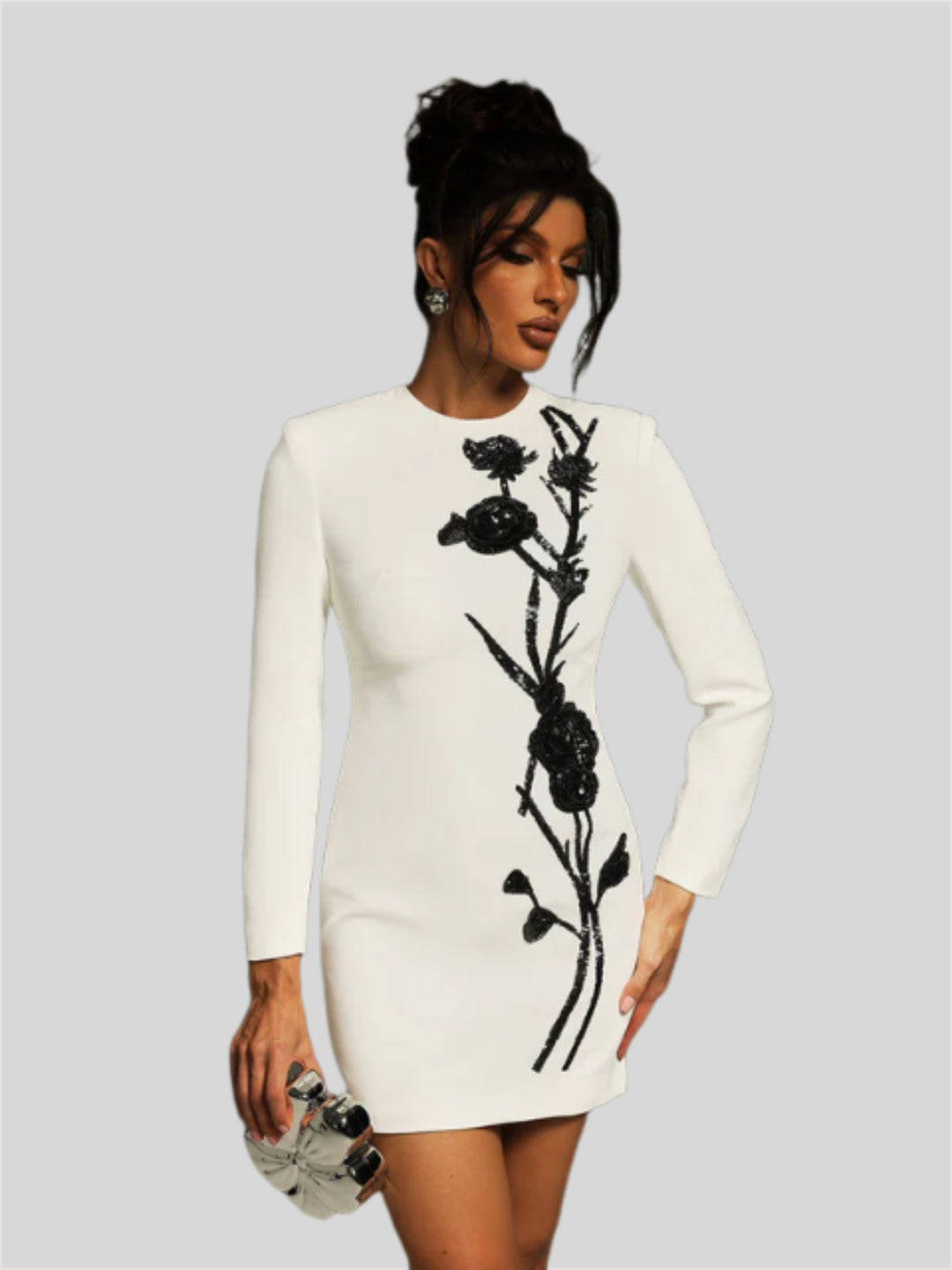 Three-dimensional Flower Bead Long-sleeved Mini Dress