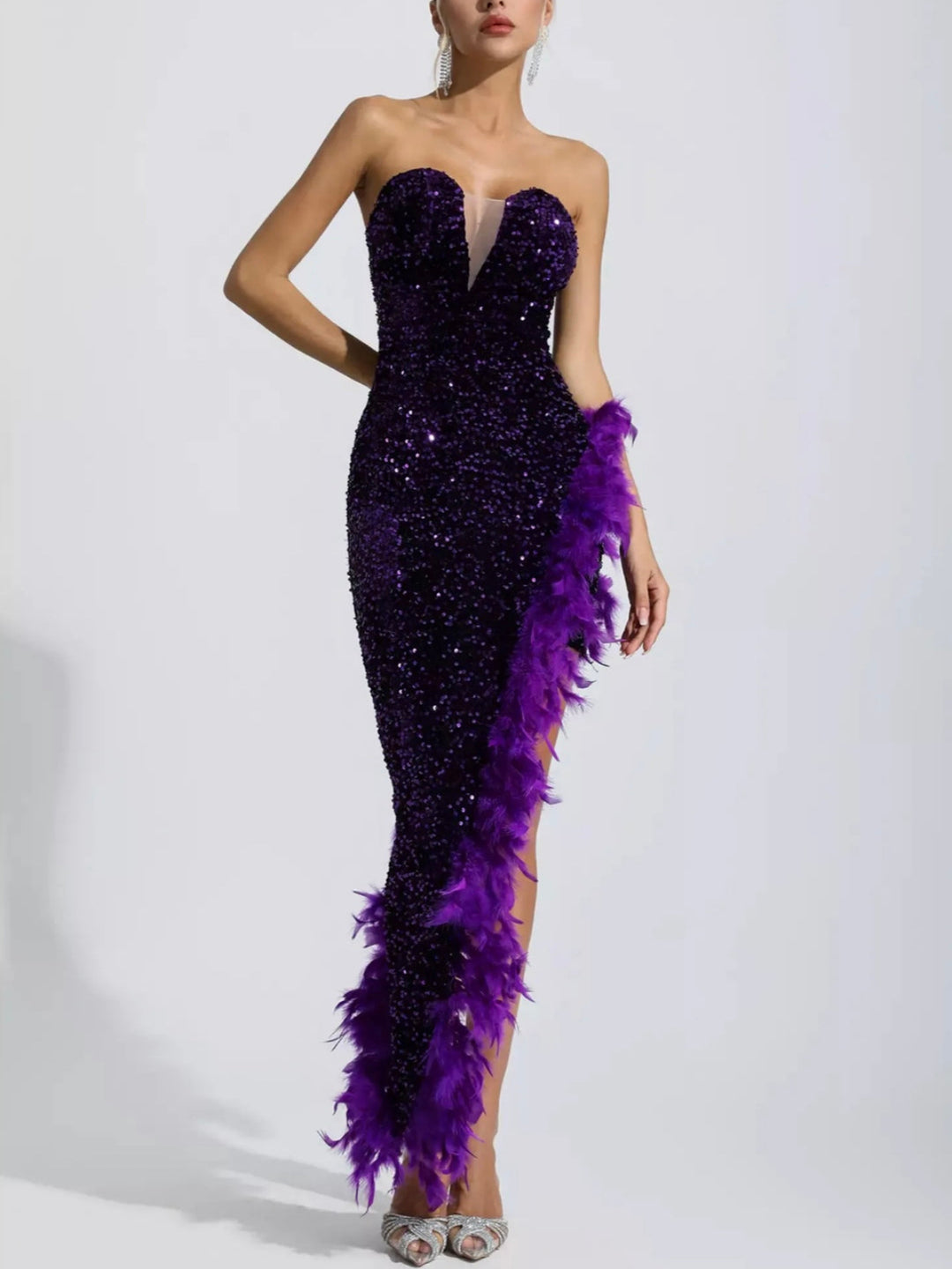 Kira Purple Sequin Feather Dress