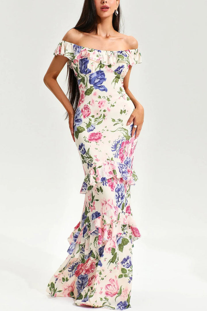 Floral Tiered Ruffle Hem Fishtail Maxi Dress