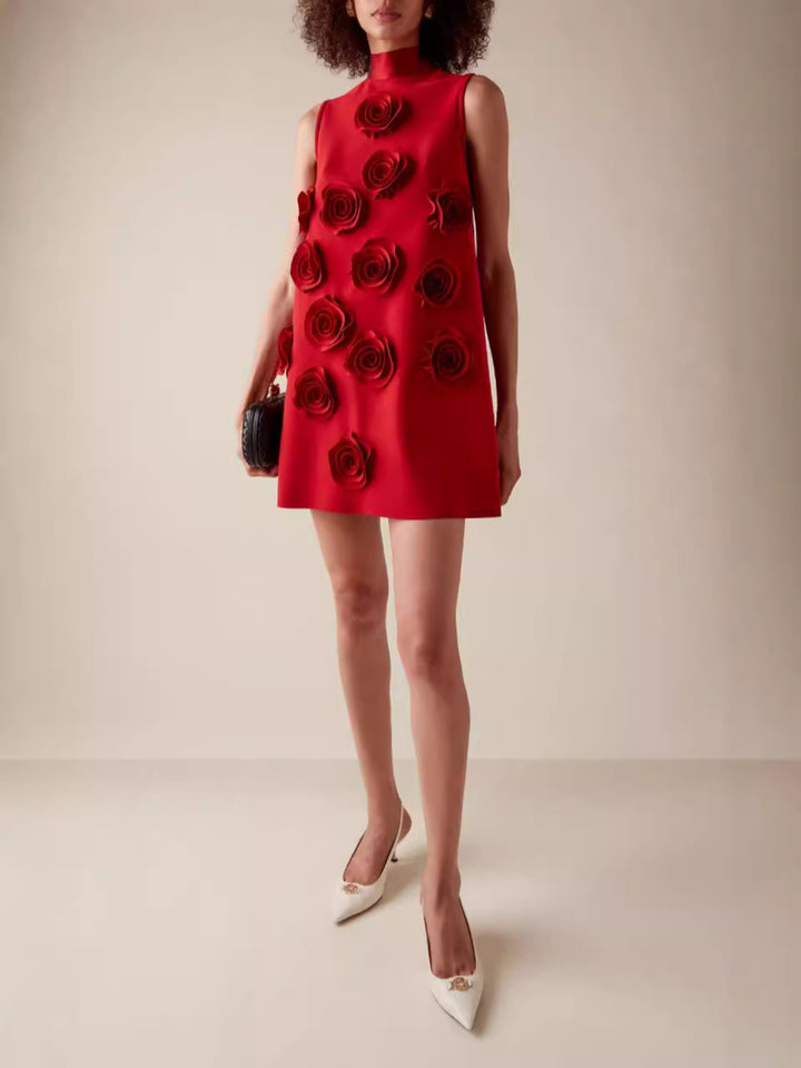 Grace Red 3D Floral Sleeveless Mini Dress