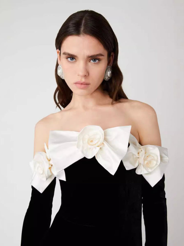 One Shoulder Long Sleeve Bow Flower Dress