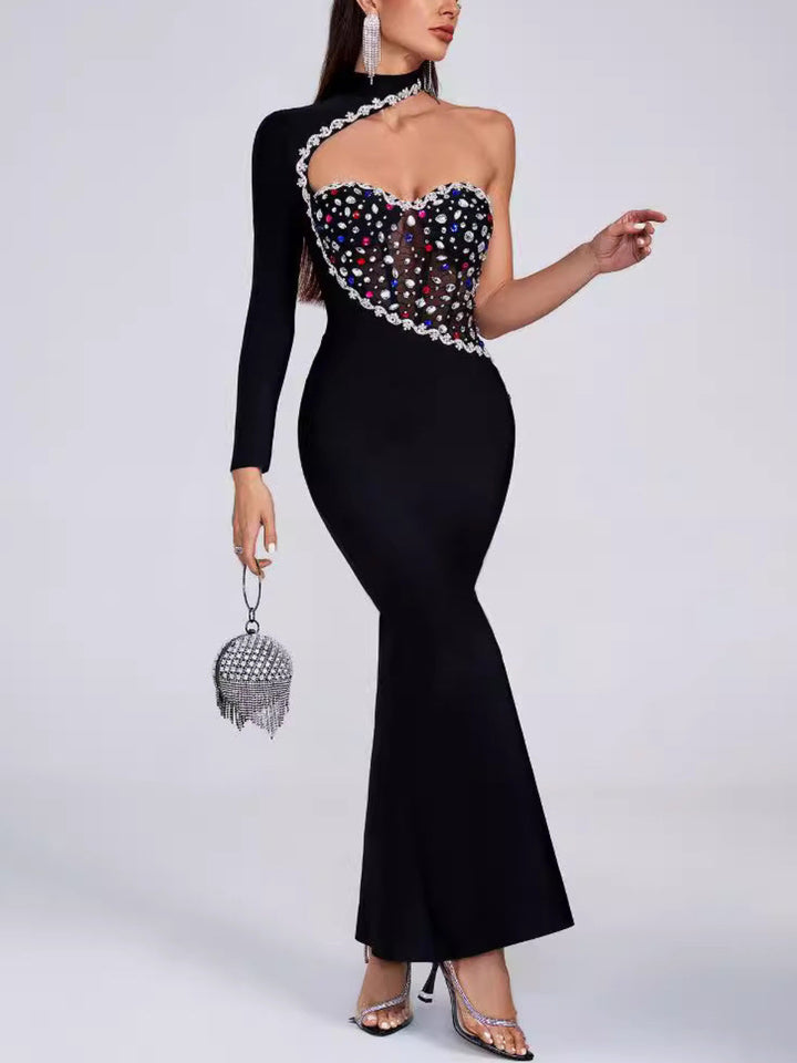 Fashion Shoulder Diamond Maxi Dress