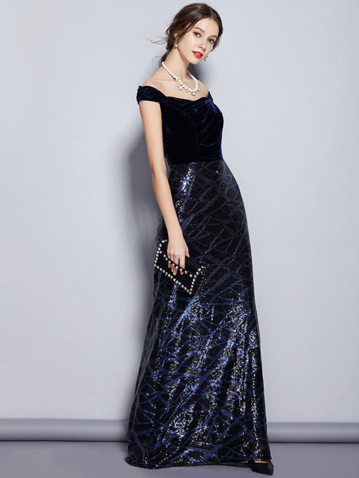 Elegant One-word Shoulder Sequin Dress