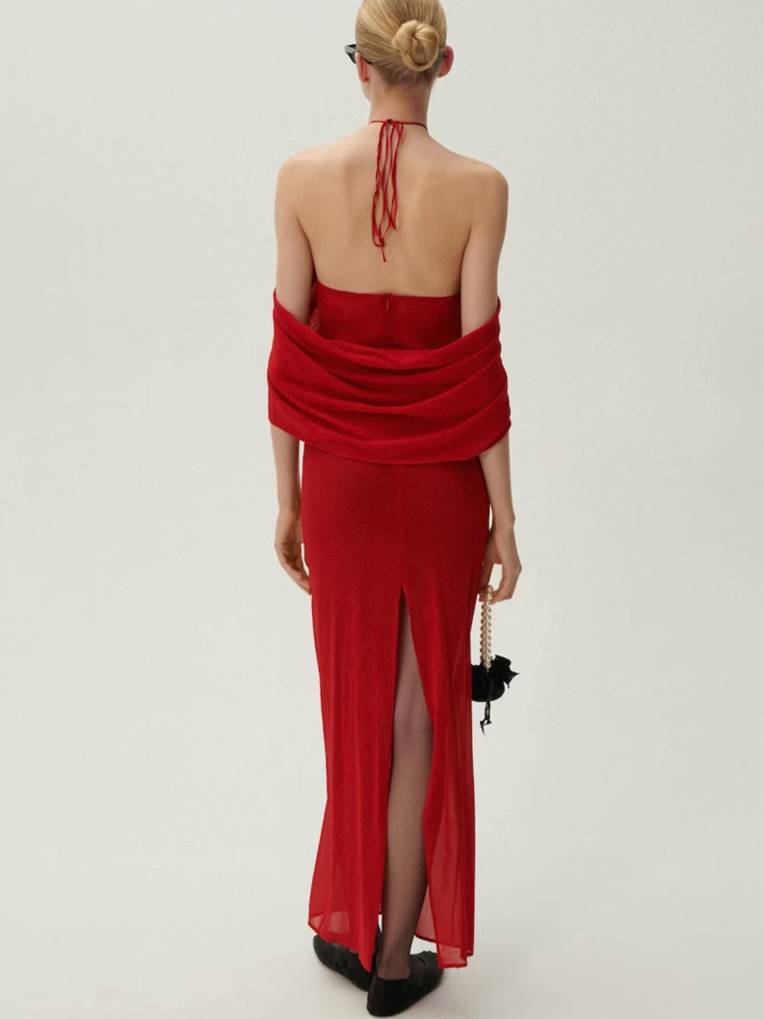 Emma Red Halter Neck Ruched  Maxi Dress