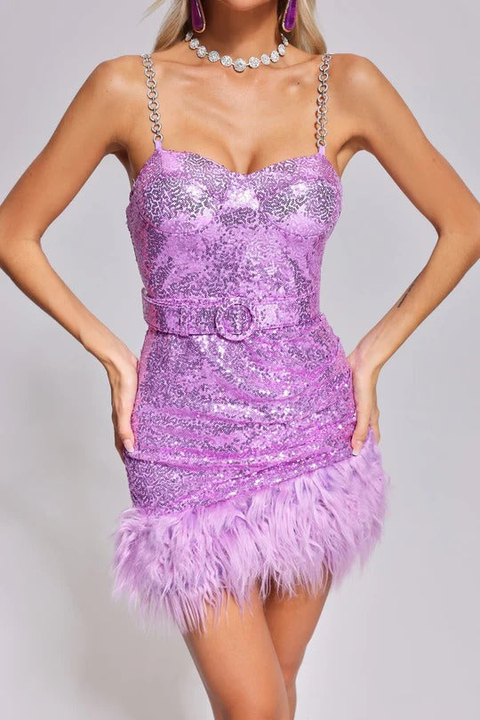 Fashion Diamond Chain Sequin Feather Mini Dress