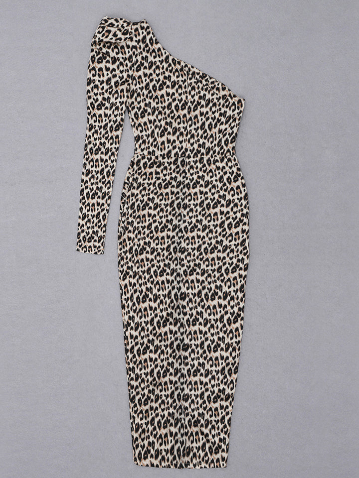 Leopard Print Slanted Shoulder Midi Dress