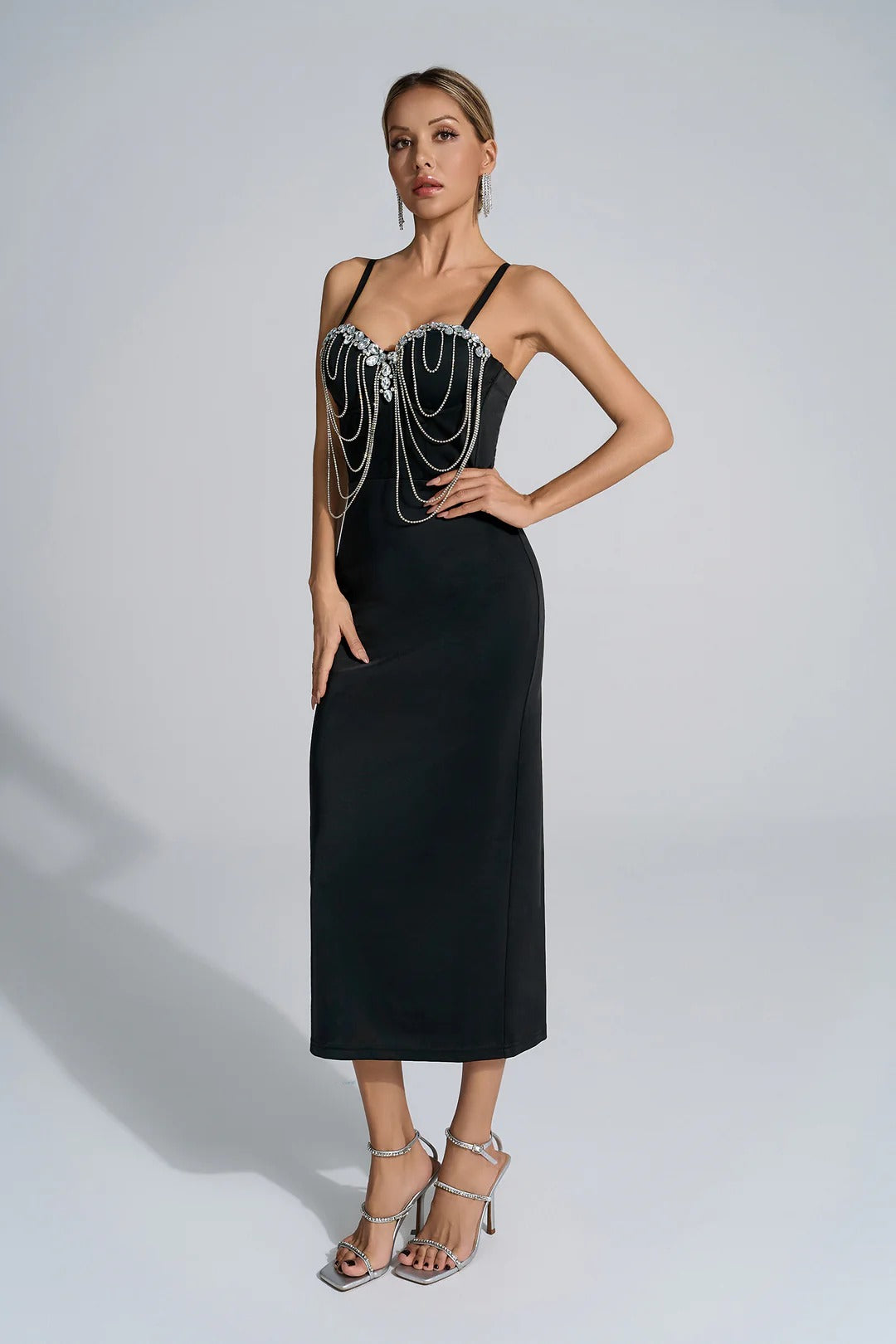 Simple Diamond Chain Fringed Midi Dress