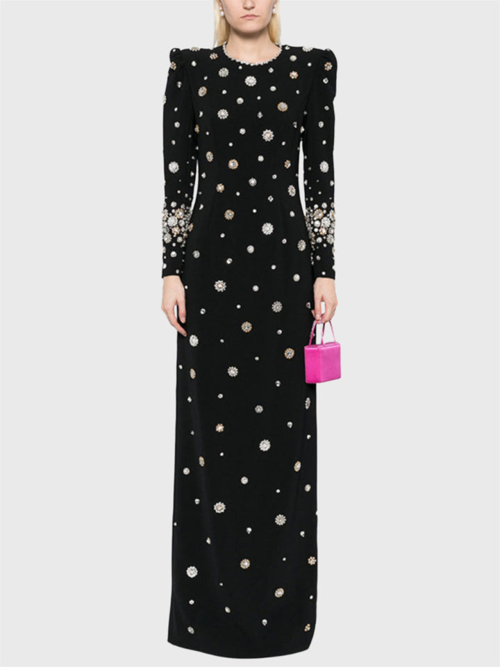 Pearl Bead Black Maxi Dress