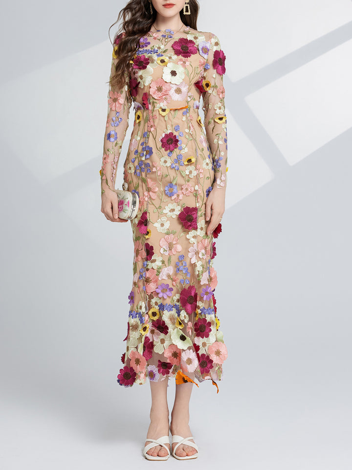 Elegant Embroidered Three-dimensional Flower Dress