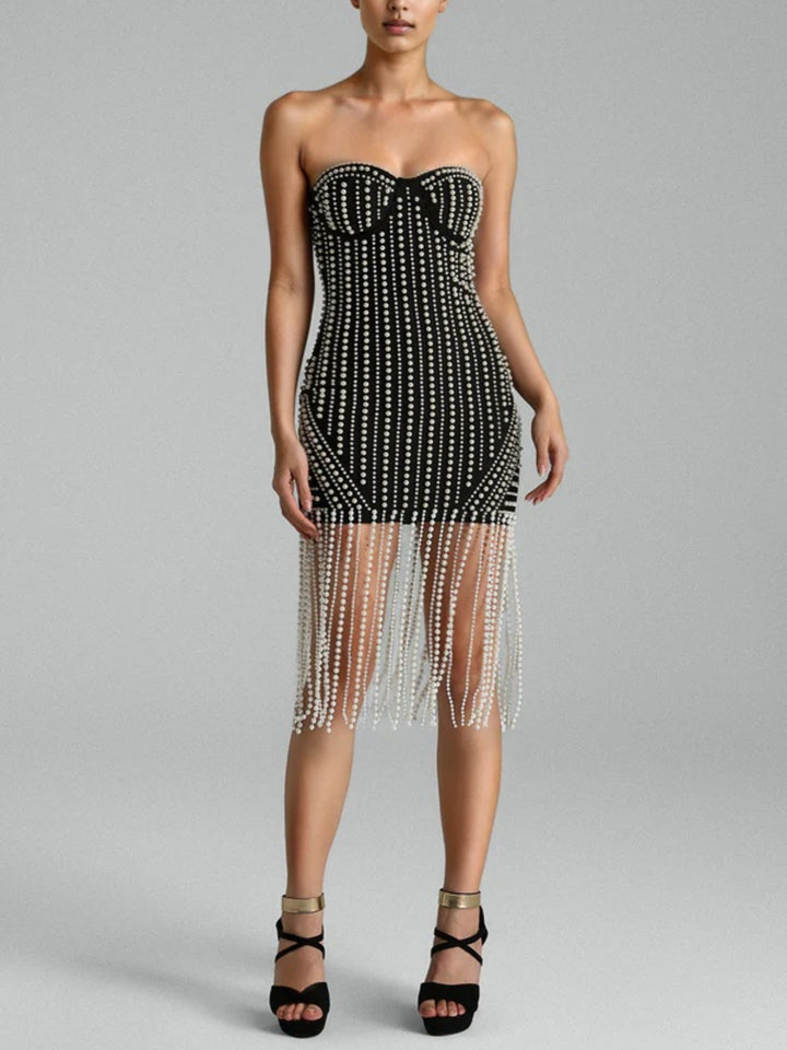 Scarlett Black Beaded Tassel Strapless Dress