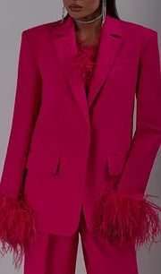 Alex Rose Red Feathered Blazer Set