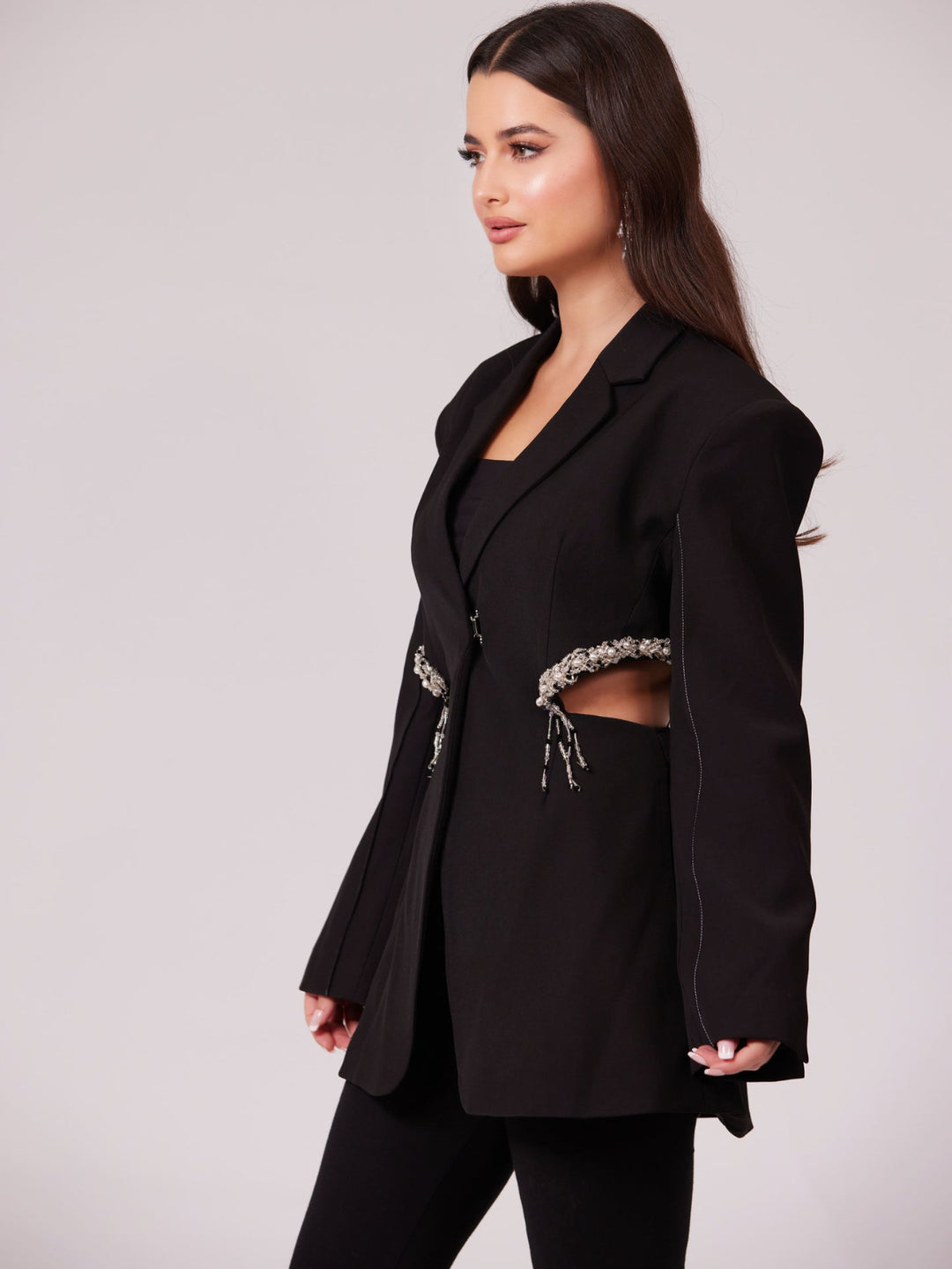 Black Cutout Pearl Beaded Blazer