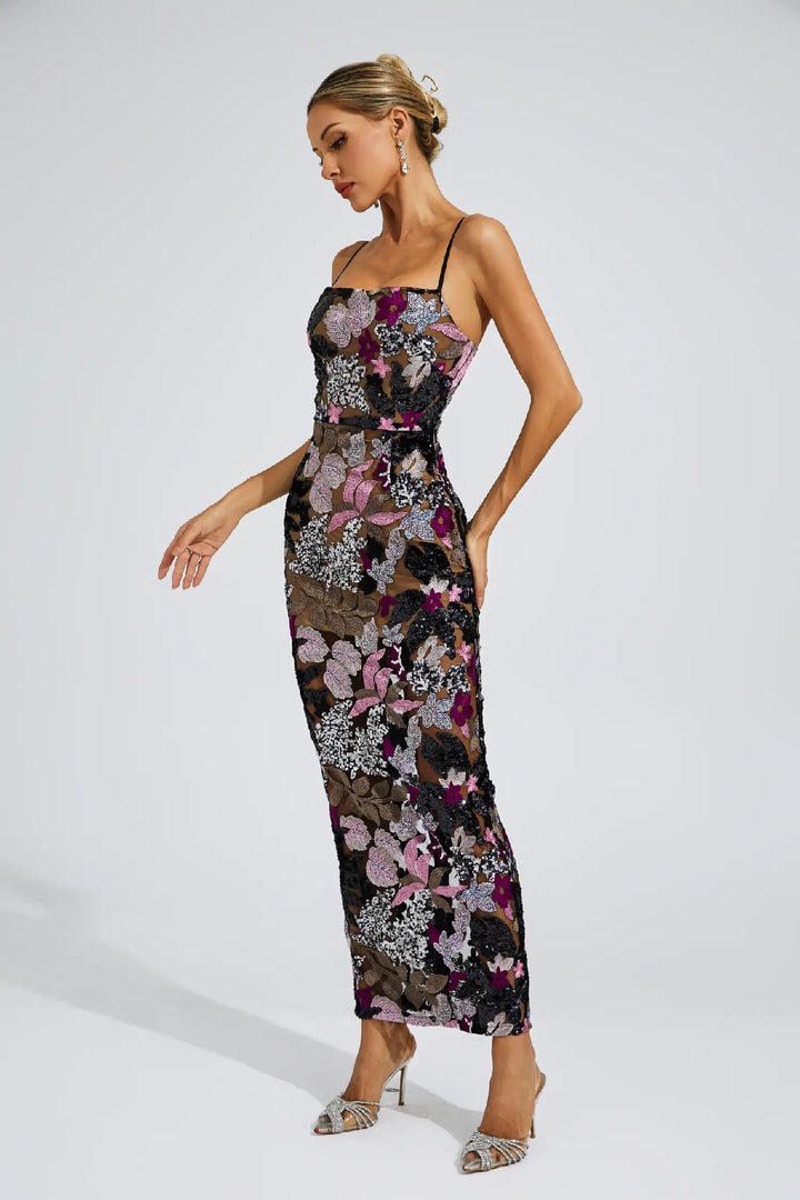 Elegant Embroidered Print Sequin Maxi Dress