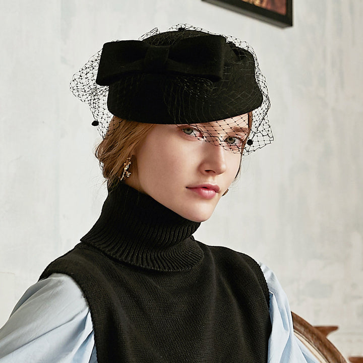 Bow Mesh Wool Top Hat