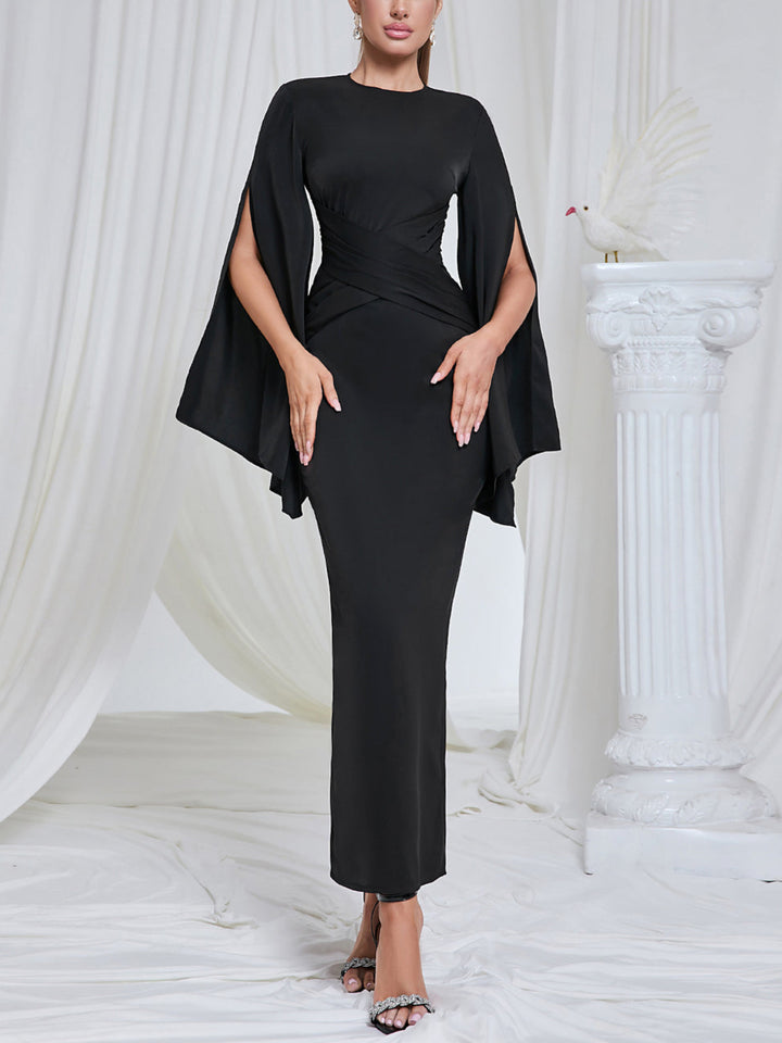 Stylish Solid Color Long-sleeved Side Slit Dress