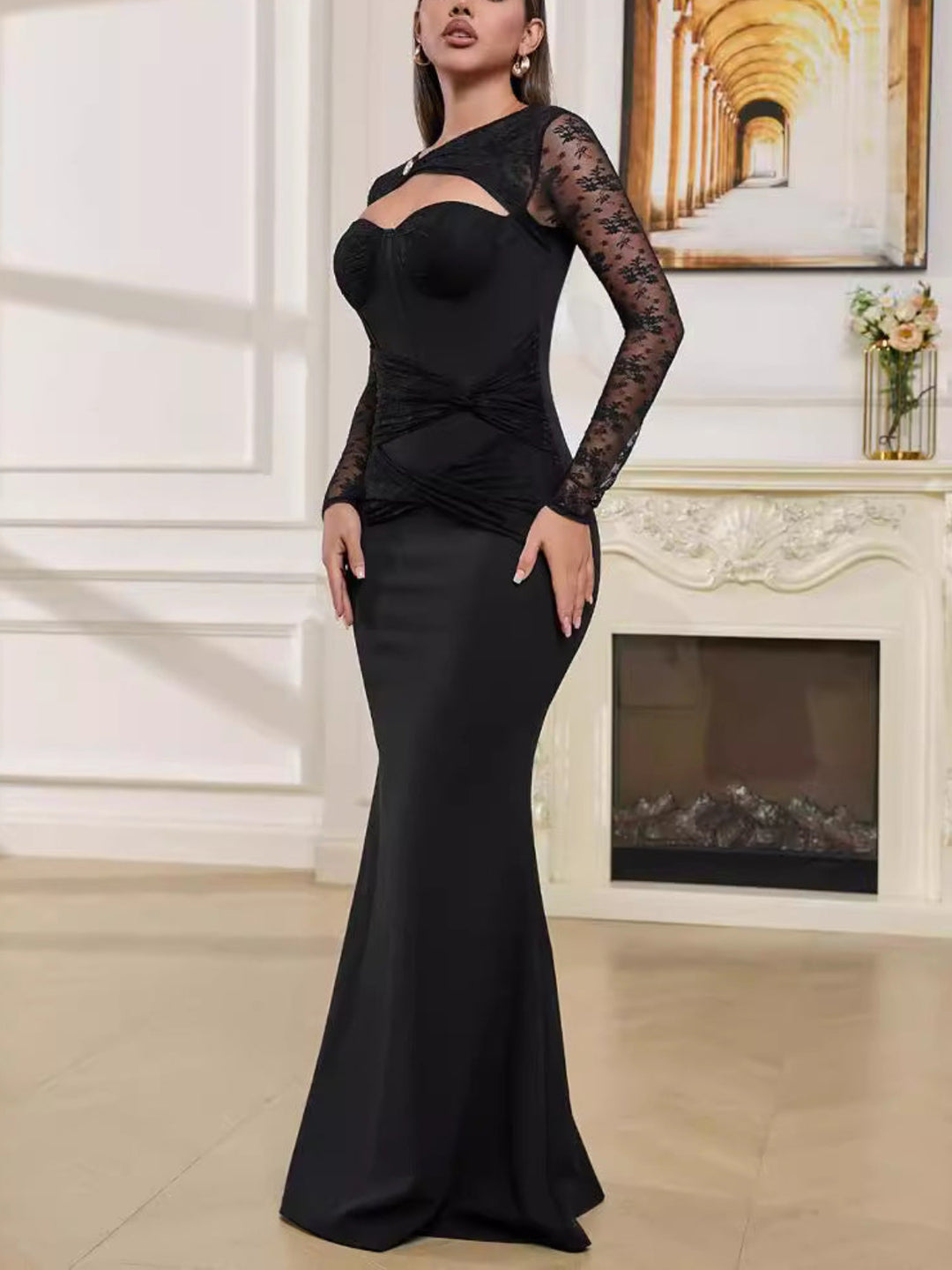 Elegant Black Hollow Stitching Maxi Dress