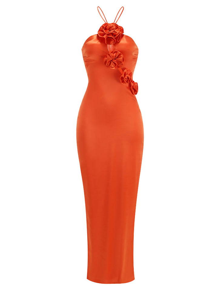 Grace Orange 3D Floral Halter Neck Maxi Dress