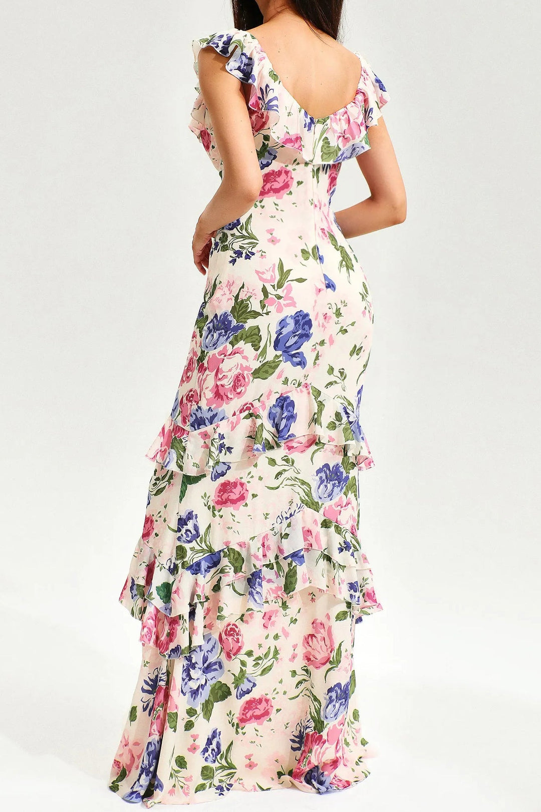 Floral Tiered Ruffle Hem Fishtail Maxi Dress