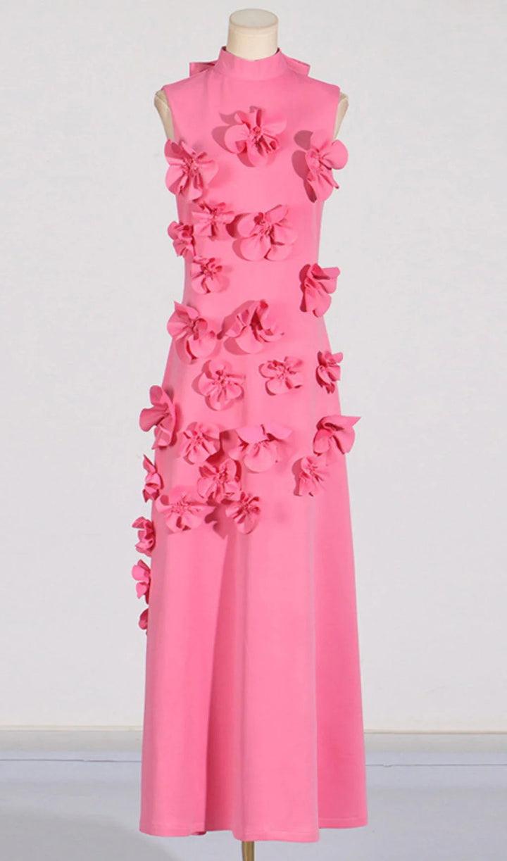 Pink Flower Design Sleeveless Maxi Dress