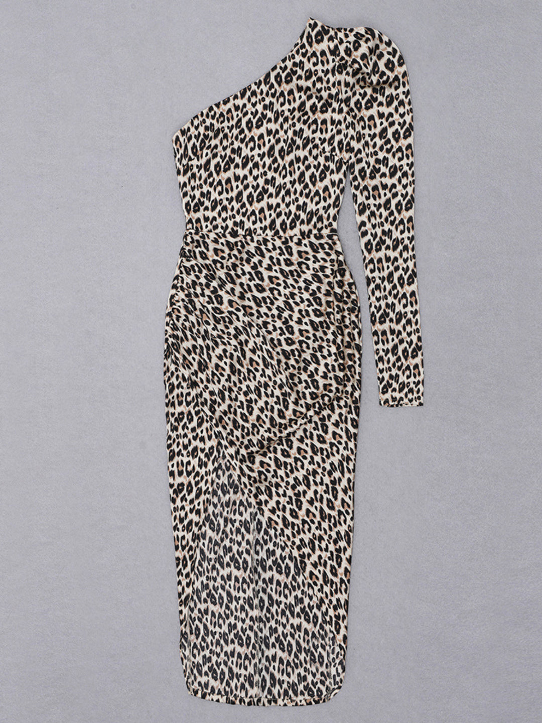 Leopard Print Slanted Shoulder Midi Dress