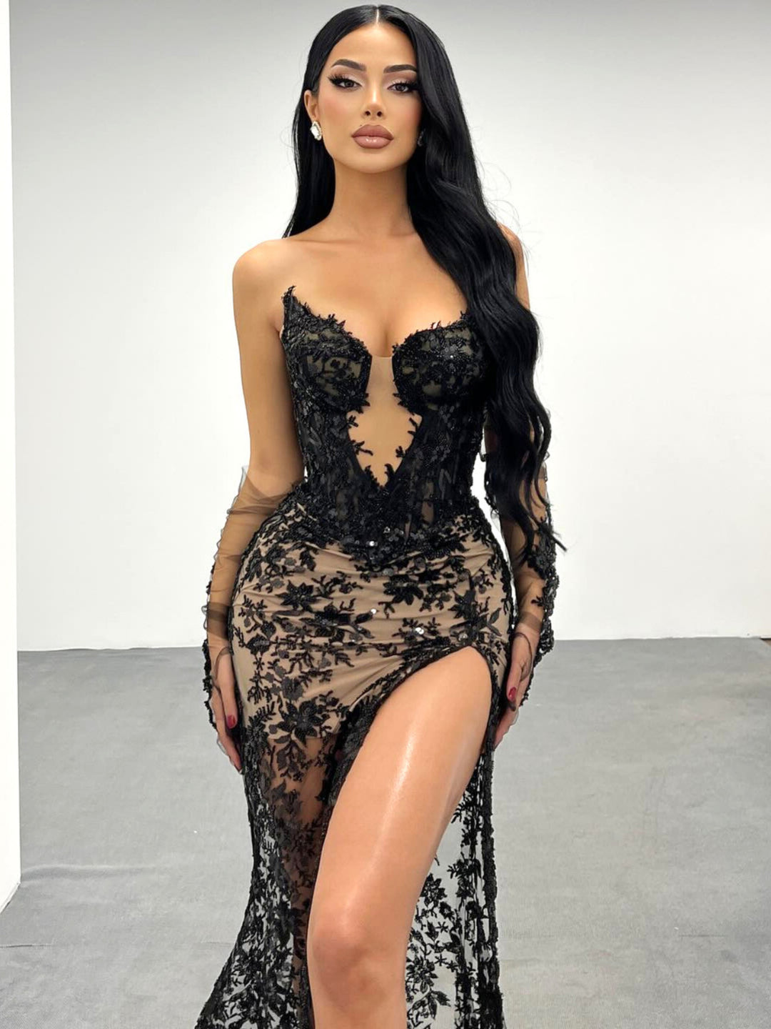 Black Tube Top Lace Sequin Mesh Maxi Dress