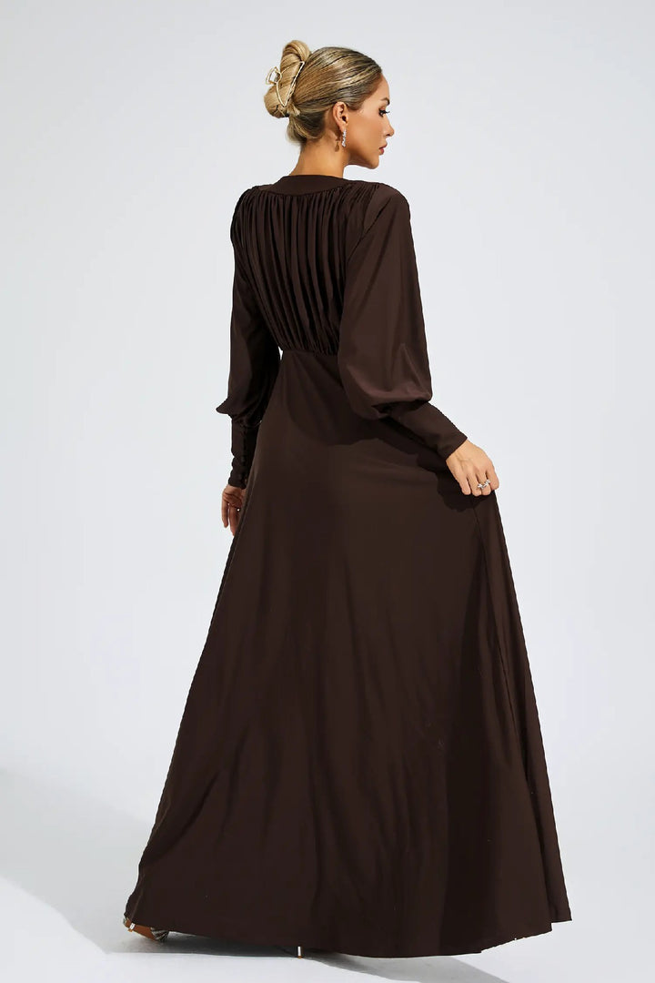 Simple Solid Color Dark V Long-sleeved Maxi Dress