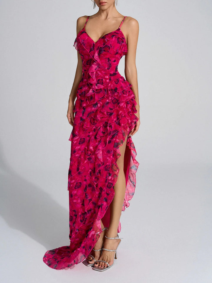 Vintage Backless Ruffle Print Maxi Dress