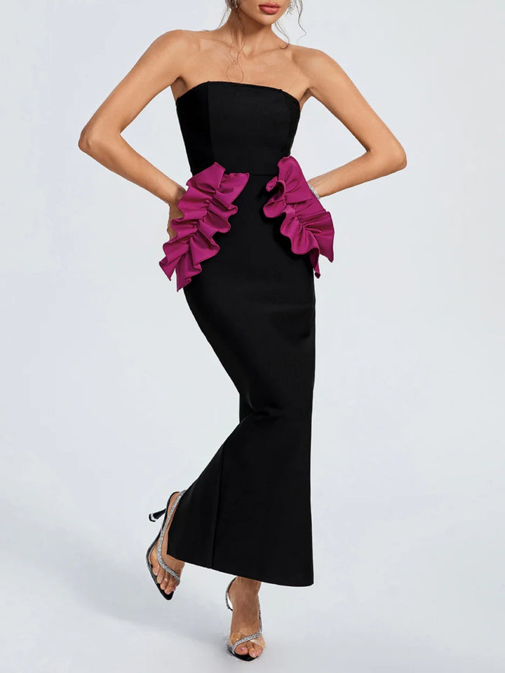 Elegant Tube Top Pleated Fungus side Maxi Dress