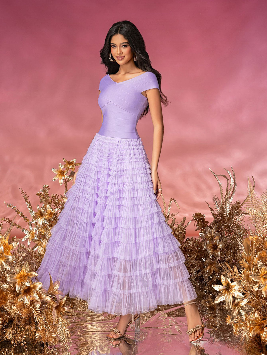 Elegant Purple Mesh Pleated Cake Maxi Dress