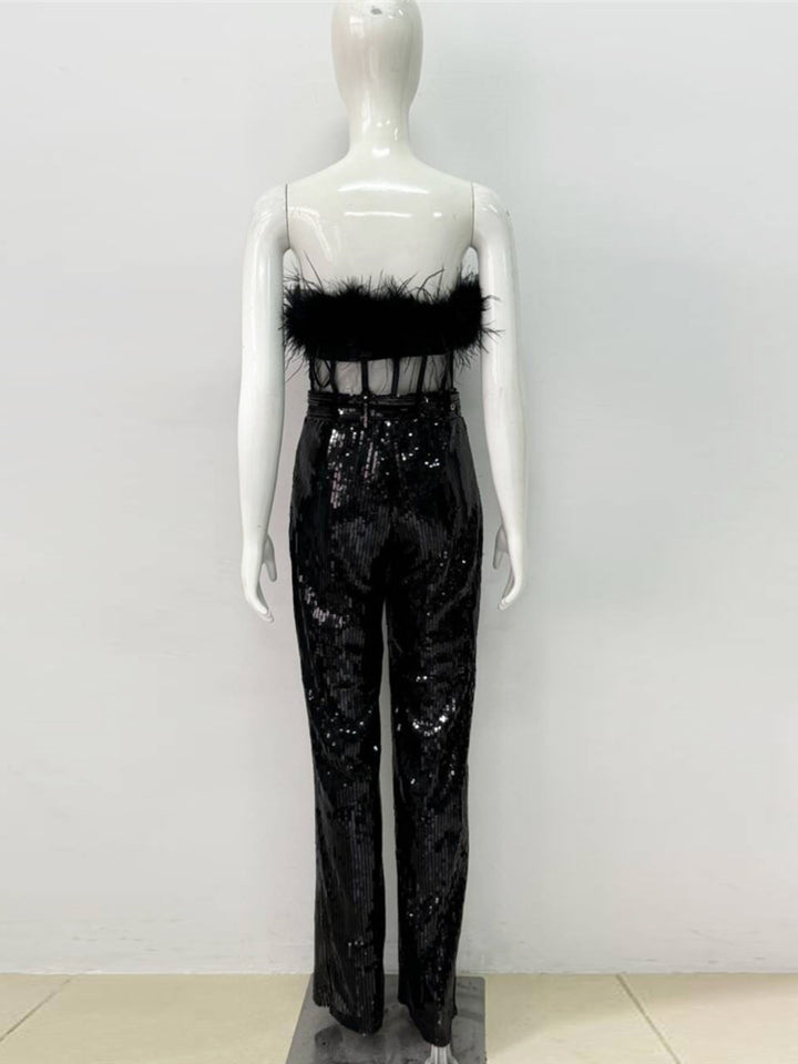 Feather Mesh Tube Top Sequined Jumpsuit