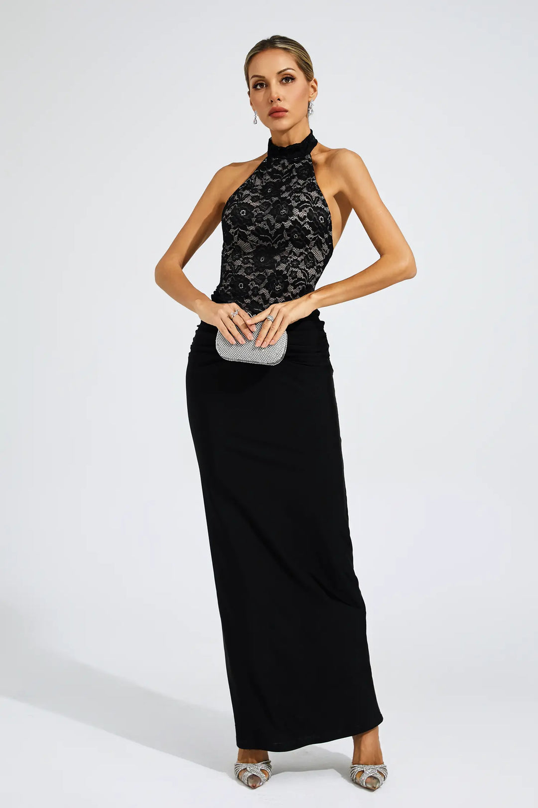 Hollow Lace Black Maxi Dress