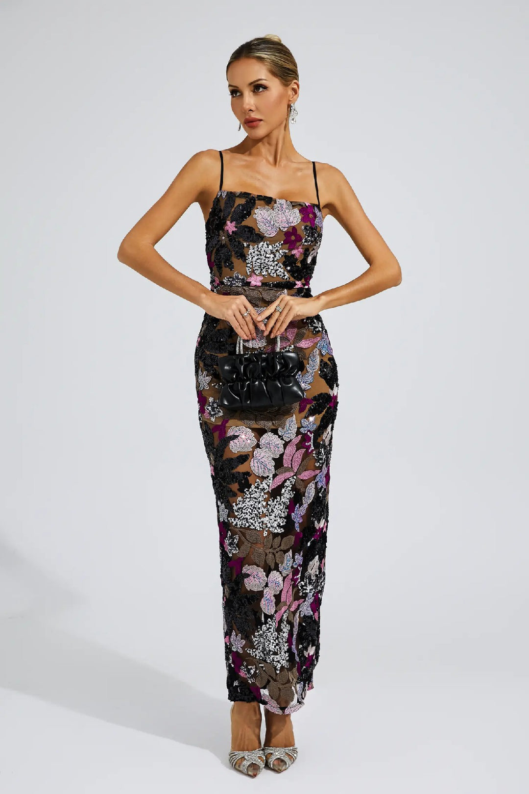 Elegant Embroidered Print Sequin Maxi Dress