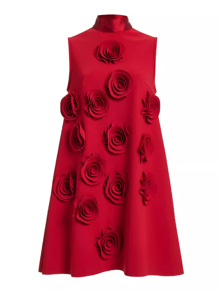 Grace Red 3D Floral Sleeveless Mini Dress