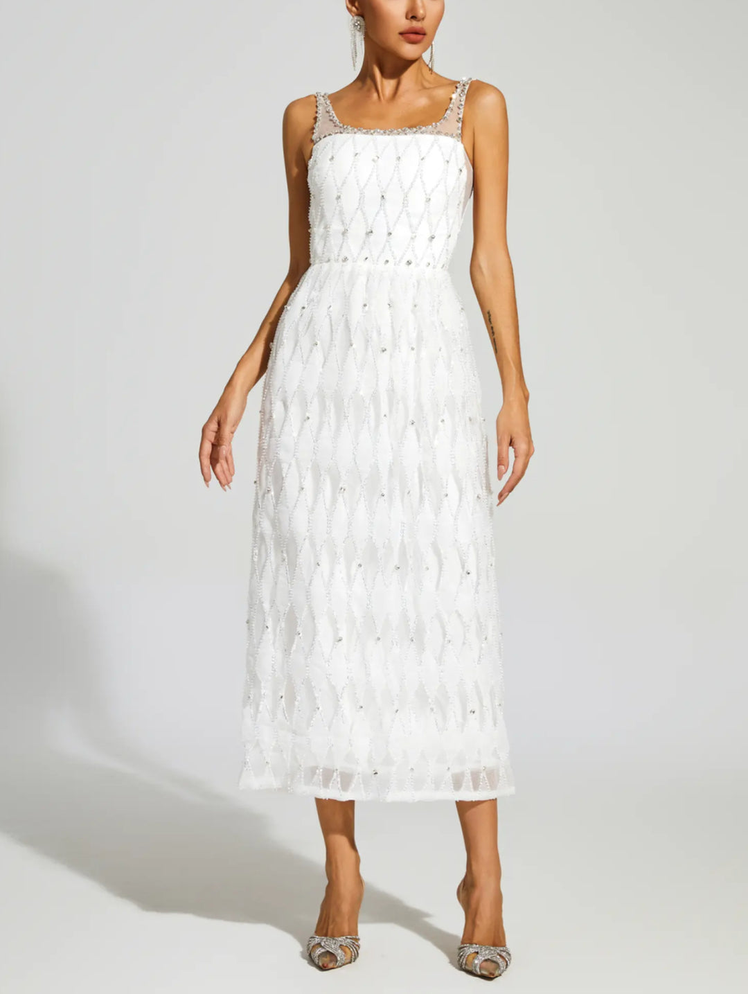 Elegant White Beaded Suspender Dress