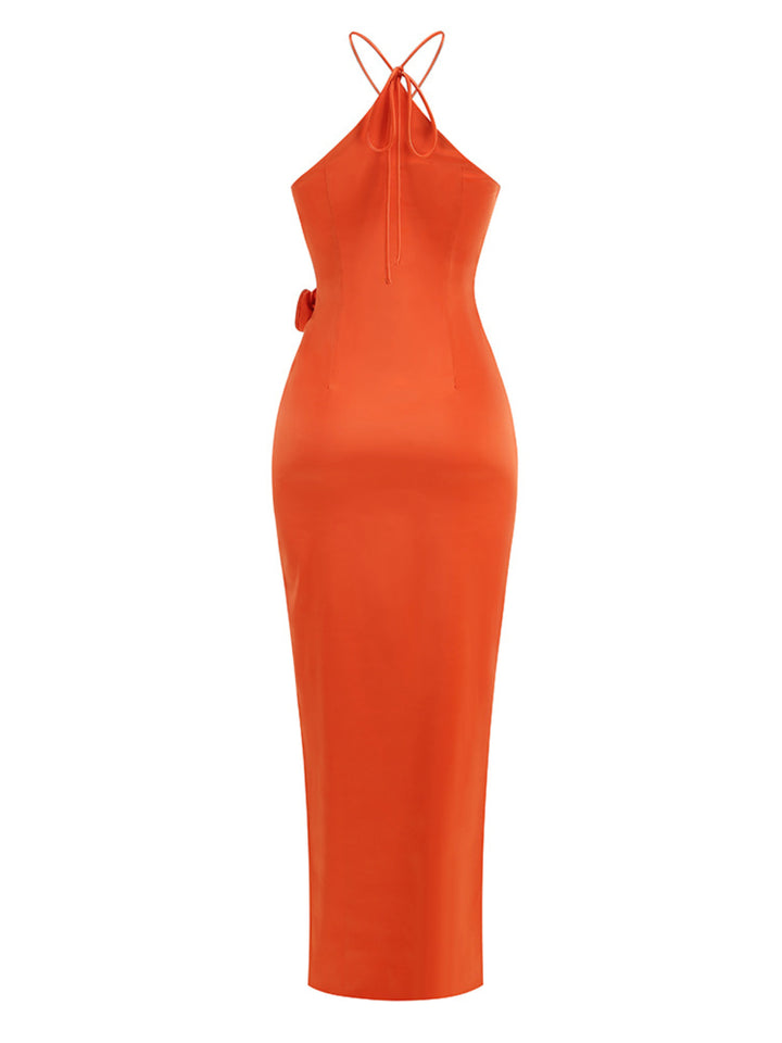 Grace Orange 3D Floral Halter Neck Maxi Dress