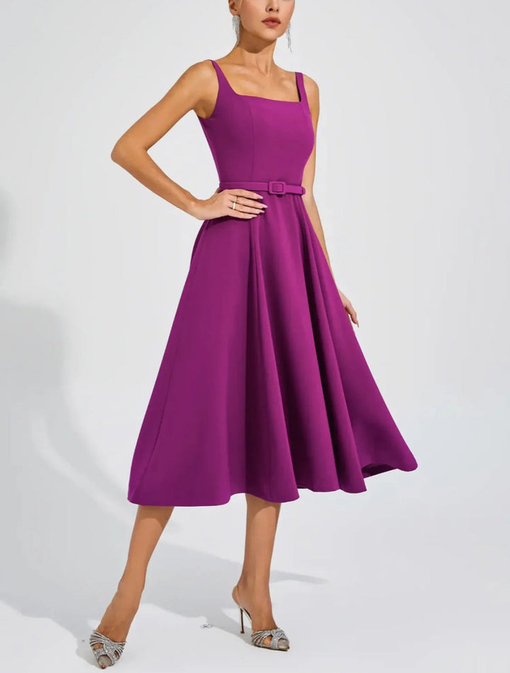 Elegant One-word Shoulder Solid Color Dress