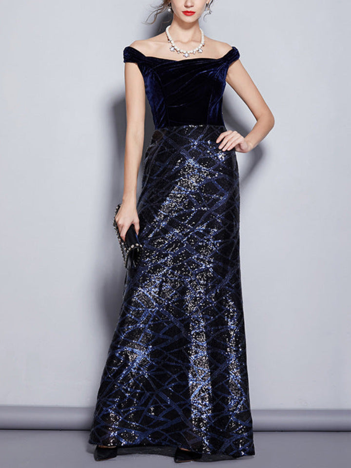 Elegant One-word Shoulder Sequin Dress