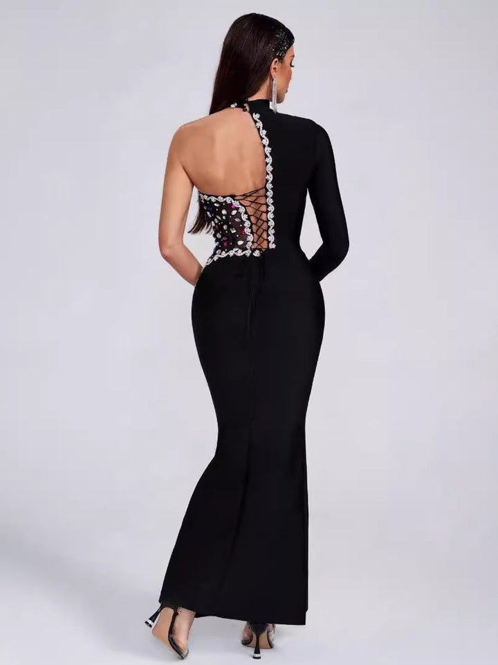 Fashion Shoulder Diamond Maxi Dress