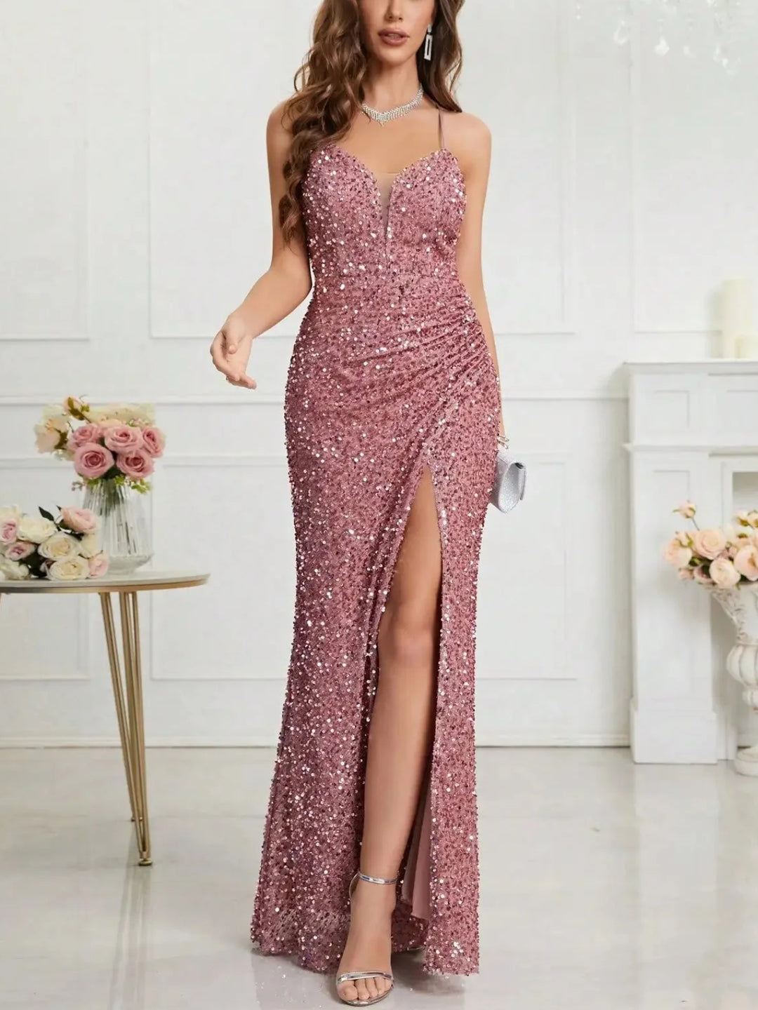 Elegant Suspender Sequin Maxi Dress