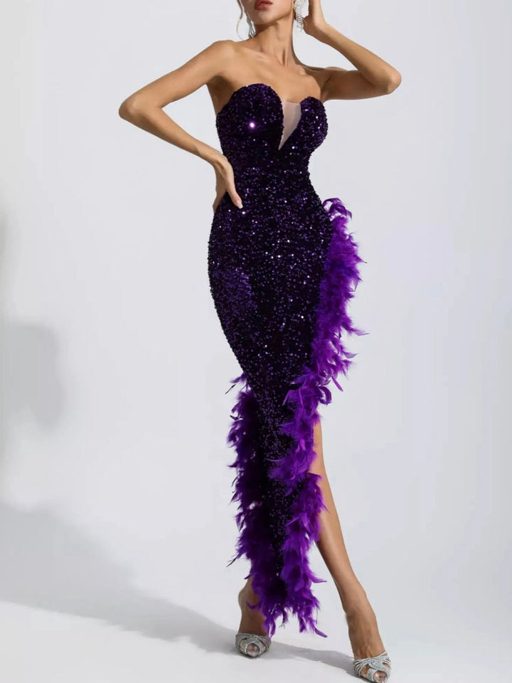 Kira Purple Sequin Feather Dress