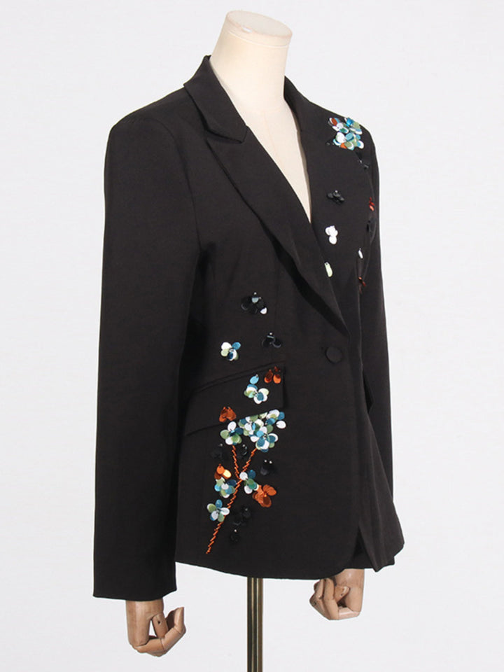 Solid Dark V-neck Sequined Blazer