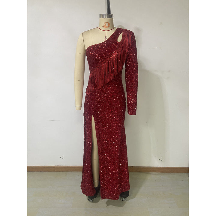 Temperament Red Sequined Fringed Maxi Dress